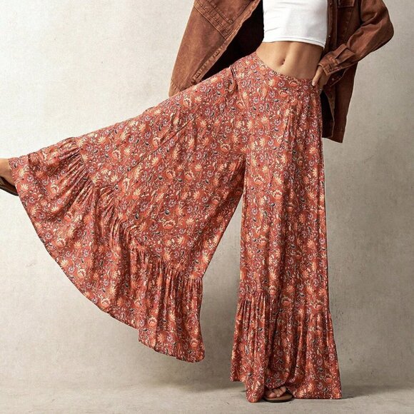 Multicolor Boho Women's Vacation Floral Print Wide Leg Loose Pants - Picture 4 of 8